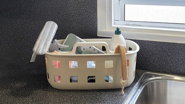 Kmart trellis cleaning caddy filled with cleaning supplies