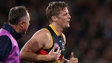 ADELAIDE, AUSTRALIA - AUGUST 19: Rory Sloane of the Crows comes off with an eye injury during the 2023 AFL Round 23 match between the Adelaide Crows and the Sydney Swans at Adelaide Oval on August 19, 2023 in Adelaide, Australia. (Photo by Sarah Reed/AFL Photos via Getty Images)