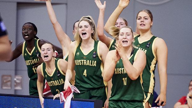Players of Australia during group phase of U19 Women's Basketball World Cup at Sport Complex Espartales on July 15, 2023 in Madrid, Spain. (Photo by Borja B. Hojas/Getty Images)
