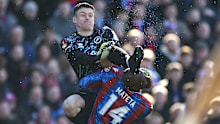 Millwall goalkeeper Liam Roberts was sent off for this horror challenge on Jean-Philippe Mateta.