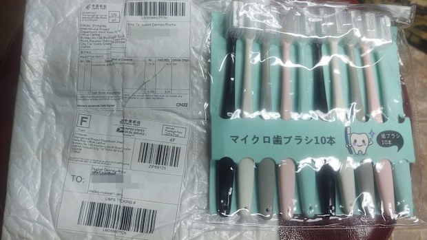 The toothbrushes Isabel Denney-Rocha received in the mail instead of the Christmas tree she ordered.