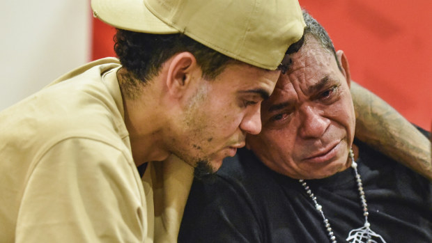 Luis Díaz reuniting with his father Luis Manuel Díaz, days after he was released by his kidnappers in Colombia.