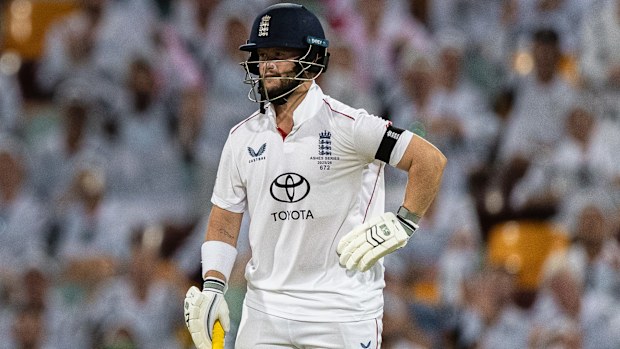 Ben Duckett of England reacts after getting out bowled during day 3 of the Second 2025/26 Ashes Series Test Match between Australia and England at The Gabba on December 06, 2025 in Brisbane, Australia. (Photo by Santanu Banik/MB Media/Getty Images)