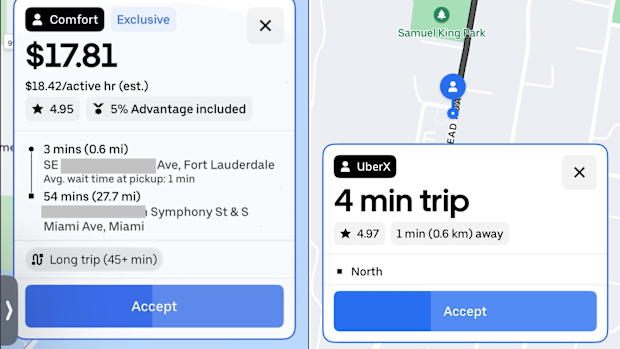 A screenshot showing the different details shown to North American Uber drivers (left) and Australian Uber drivers (right) before accepting a ride.