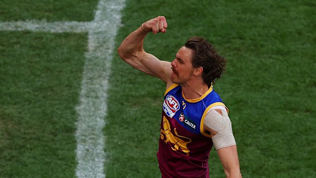 Joe Daniher of the Lions celebrates a goal during the AFL Grand Final match between Sydney Swans and Brisbane Lions at Melbourne Cricket Ground, on September 28, 2024, in Melbourne, Australia. (Photo by Morgan Hancock/AFL Photos/via Getty Images)