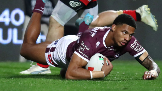 Jason Saab scores a try for Manly Sea Eagles against the Dolphins at 4 Pines Park on June 09, 2023 in Sydney, Australia. 