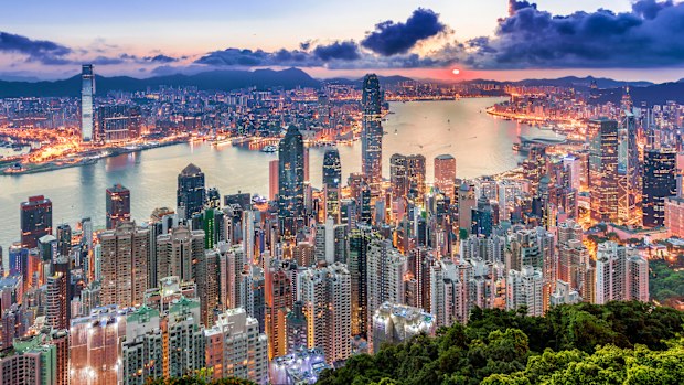 Hong Kong city view from peak at Sunrise