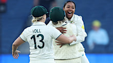 Alana King of Australia celebrates the dismissal of Nat Sciver-Brunt of England.