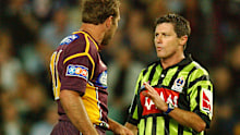 SYDNEY - SEPTEMBER 28:  Gorden Tallis #11 of the Broncos talks with referee Bill Harrigan during the first NRL Preliminary Final between the Brisbane Broncos and the Sydney Roosters played at Aussie Stadium in Sydney, Australia on September 28, 2002. (Photo by Nick Laham/Getty Images)