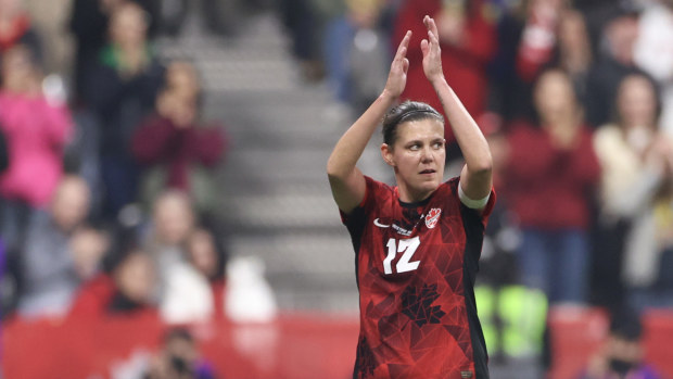VANCOUVER, BRITISH COLUMBIA - DECEMBER 05: Christine Sinclair #12 of Canada acknowledges fans as she leaves the field during the second half against Australia at BC Place on December 05, 2023 in Vancouver, British Columbia. (Photo by Craig Mitchelldyer/Getty Images for Football Australia)