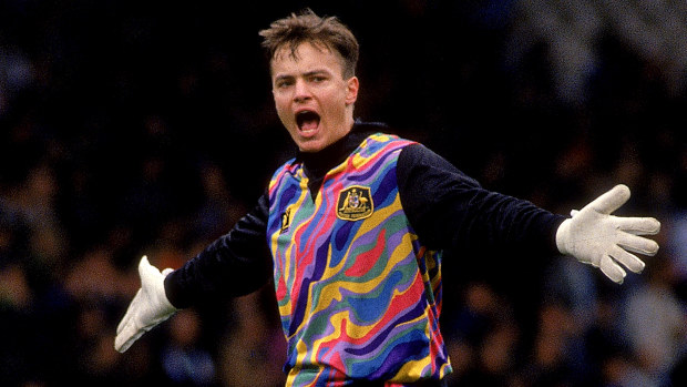 Mark Bosnich of Australia in action against New Zealand.
