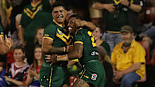 Latrell Mitchell (left) and Josh Addo-Carr celebrate a try in Kangaroos colours.