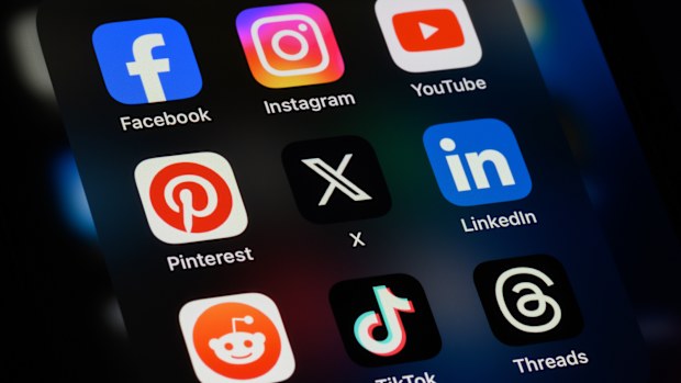 Toronto, Canada - September 24, 2023:  Popular social media apps on an Apple iPhone: Facebook, Instagram, YouTube, Pinterest, X (formerly Twitter), LinkedIn, Reddit, TikTok, and Threads.