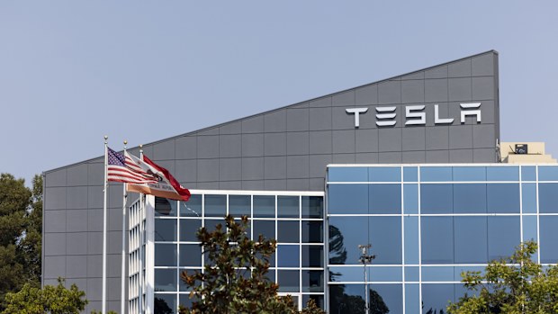 Freemont California, USA - September 24, 2021:  The Tesla automobile manufacturing plant in Freemont Clocking in at over 5.3 million square feet and home to more than 10,000 employees.