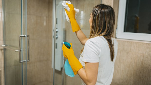 A woman polishing a front side of the shower. Clean and shiny glass.