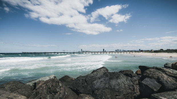 The Spit, Gold Coast, Queensland, Australia. View from the seaway, over the rocks towards the jetty.