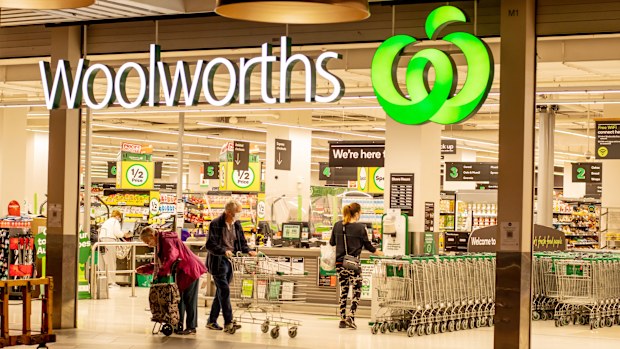 Sydney, Australia 2021-01-07: Exterior view of Woolworths Miranda supermarket during the COVID-19 pandemic lockdown