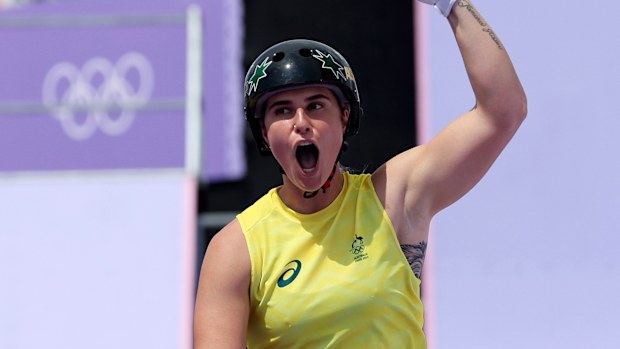 Natalya Diehm of Australia celebrates during the BMX Freestyle Women's Park Final.
