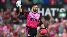 James Vince celebrates a century for the Sydney Sixers. 