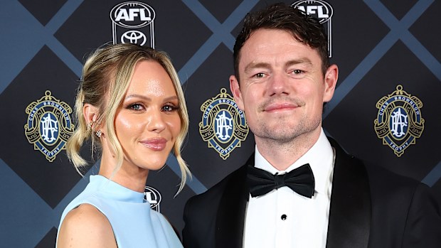 Lachie Neale and Jules Neale arrive at the 2025 Brownlow Medal on September 22, 2025 in Brisbane, Australia. 