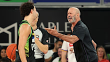 Brian Goorjian, Coach of the Kings receives a technical foul during the round 20 NBL match between South East Melbourne Phoenix and Sydney Kings at John Cain Arena, on February 08, 2026, in Melbourne, Australia. (Photo by Kelly Defina/Getty Images)