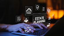 Estate Planning and Asset Management Concept. Person working on laptop in financial or legal setting with icons of legal documents, contracts, property, inheritance, law and wealth management.