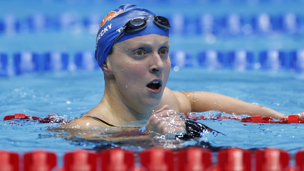 Katie Ledecky of the United States reacts after the Women's 400m freestyle final on Day One of the 2024 U.S. Olympic Team Swimming Trials at Lucas Oil Stadium on June 15, 2024 in Indianapolis, Indiana. (Photo by Sarah Stier/Getty Images)