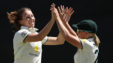 Darcie Brown (left) of Australia celebrates the wicket of Anneke Bosch of South Africa during day one of the Women's Test Match between Australia and South Africa at the WACA.