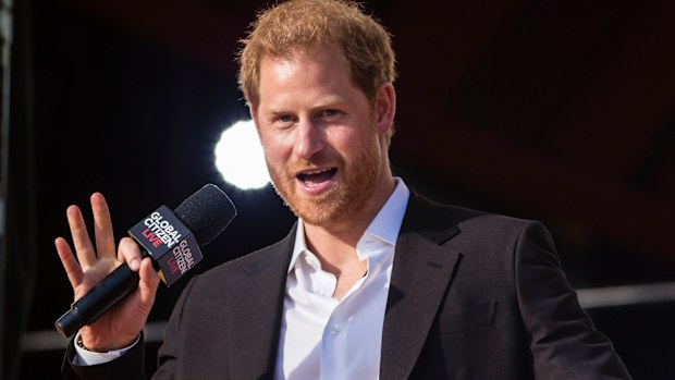 Prince Harry, Duke of Sussex, speaks during the Global Citizen festival on Sept. 25, 2021 in New York. 