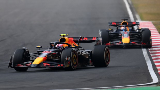 Liam Lawson of New Zealand driving the (30) Oracle Red Bull Racing RB21 leads Max Verstappen of the Netherlands driving the (1) Oracle Red Bull Racing RB21 on track during the F1 Grand Prix of China at Shanghai International Circuit on March 23, 2025 in Shanghai, China. (Photo by Simon Galloway/LAT Images)