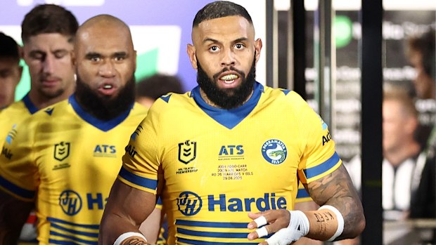 AUCKLAND, NEW ZEALAND - AUGUST 29: Josh Addo-Carr of the Eels runs onto the field for his 200th game during the round 26 NRL match between the New Zealand Warriors and Parramatta Eels at Go Media Stadium on August 29, 2025, in Auckland, New Zealand. (Photo by Phil Walter/Getty Images)