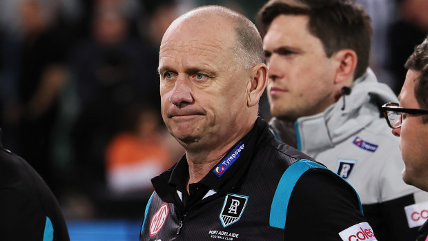 ADELAIDE, AUSTRALIA - SEPTEMBER 16: Ken Hinkley, Senior Coach of the Power after their loss during the 2023 AFL Second Semi Final match between the Port Adelaide Power and the GWS GIANTS at Adelaide Oval on September 16, 2023 in Adelaide, Australia. (Photo by James Elsby/AFL Photos via Getty Images)