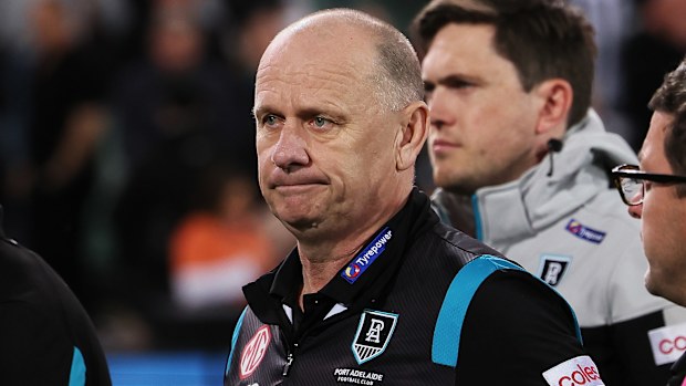 ADELAIDE, AUSTRALIA - SEPTEMBER 16: Ken Hinkley, Senior Coach of the Power after their loss during the 2023 AFL Second Semi Final match between the Port Adelaide Power and the GWS GIANTS at Adelaide Oval on September 16, 2023 in Adelaide, Australia. (Photo by James Elsby/AFL Photos via Getty Images)