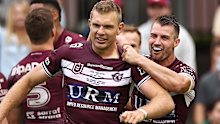 SYDNEY, AUSTRALIA - MAY 09: Kieran Foran of the Sea Eagles celebrates with Tom Trbojevic of the Sea Eagles following a try by team mate Jason Saab of the Sea Eagles during the round nine NRL match between the Manly Sea Eagles and the New Zealand Warriors at Lottoland, on May 09, 2021, in Sydney, Australia. (Photo by Cameron Spencer/Getty Images)