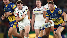 Harry Grant runs the ball during the round 11 NRL match between Parramatta Eels and Melbourne Storm at Suncorp Stadium, on May 16, 2026, in Brisbane, Australia. (Photo by Chris Hyde/Getty Images)