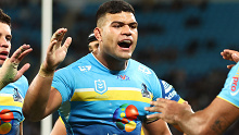 Jayden Campbell and David Fifita celebrates a try by teammate Brian Kelly during the Titans' win over the Eels.