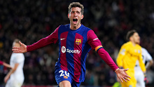 Sergi Roberto of FC Barcelona celebrates after Robert Lewandowski of FC Barcelona (not pictured) scores his team's third goal during the UEFA Champions League round of 16 second leg match.