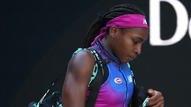 Coco Gauff appeared distraught as she exited Margaret Court Arena following her first round loss to Qiang Wang.