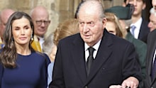 Former Spanish King Juan Carlos I, left, and Felipe VI of Spain and Queen Letizia depart after attending the Thanksgiving Service for King Constantine of the Hellenes at St George's Chapel in Windsor Castle, England, on Tuesday Feb. 27, 2024. Constantine II, Head of the Royal House of Greece, reigned as the last King of the Hellenes from 6 March 1964 to 1 June 1973, and died in Athens at the age of 82. (Chris Jackson/Pool via AP)