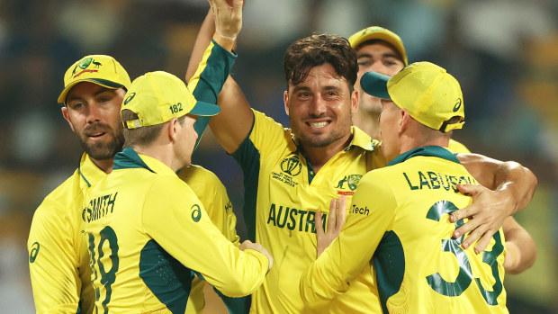Marcus Stoinis of Australia celebrates the wicket of Imam-ul-Haq of Pakistan during the ICC Men's Cricket World Cup India 2023 between Australia and Pakistan at M. Chinnaswamy Stadium on October 20, 2023 in Bangalore, India. (Photo by Robert Cianflone/Getty Images)