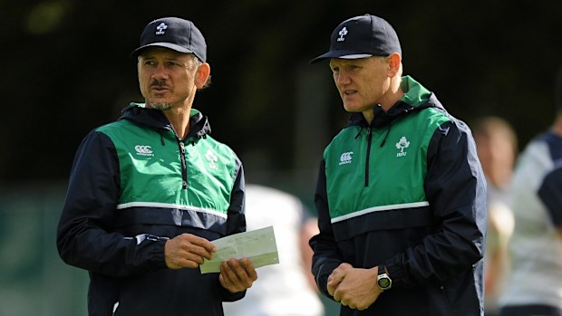 Ireland coach Joe Schmidt and assistant Les Kiss discuss tactics in 2015.