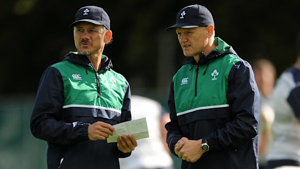 Ireland coach Joe Schmidt and assistant Les Kiss discuss tactics in 2015.