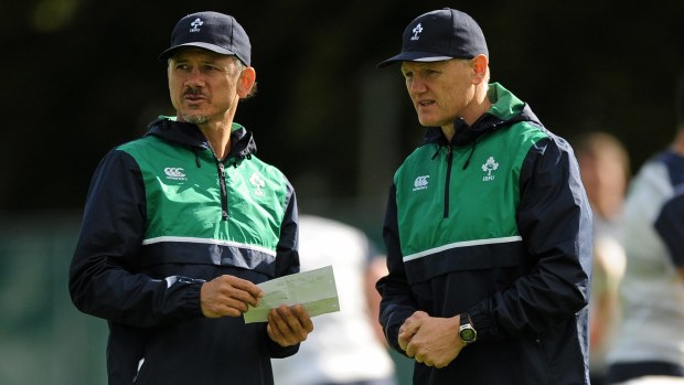 Ireland coach Joe Schmidt and assistant Les Kiss discuss tactics in 2015.