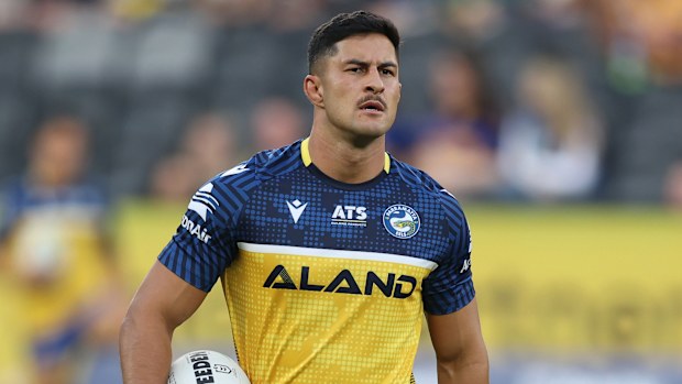 Dylan Brown of the Eels warms up ahead of the round six NRL match against the North Queensland Cowboys. 