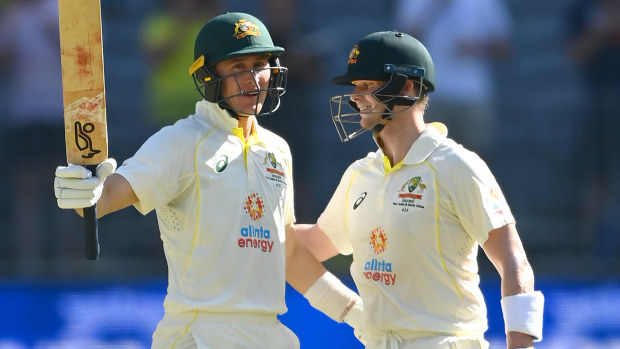 Marnus Labuschagne of Australia is congratulated by Steve Smith after making his century. (Photo by Quinn Rooney - CA/Cricket Australia via Getty Images)