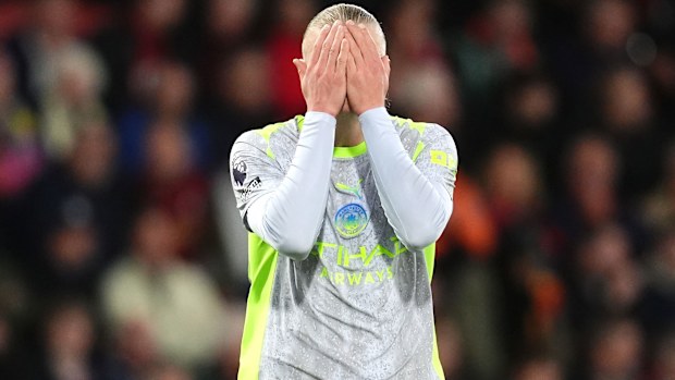 Manchester City's Erling Haaland reacts after a missed chance.