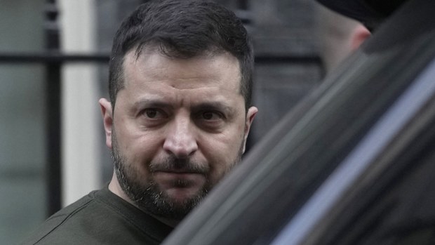 Ukraine's President Volodymyr Zelenskyy leaves Downing Street after a meeting with Britain's Prime Minister Rishi Sunak.