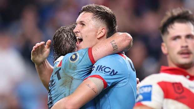 Hugo Savala of the Roosters celebrates with team mates after scoring a try during the round eight NRL match between the Sydney Roosters and St George Illawarra Dragons at Allianz Stadium on April 25, 2025, in Sydney, Australia. (Photo by Cameron Spencer/Getty Images)