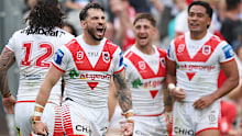 Then-Dragon Jack Bird celebrates scoring a try in 2024.