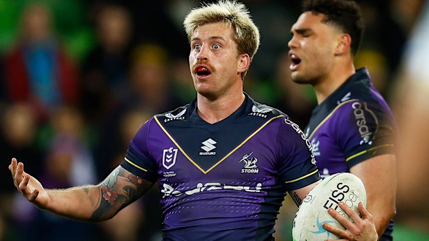 Cameron Munster reacts during the Storm's round 21 clash with the Titans. 